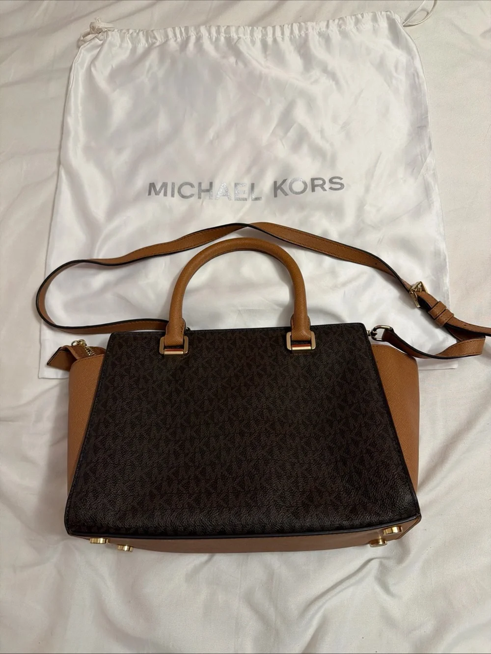 Michael Kors Black Front with Brown Trim Studded Satchel